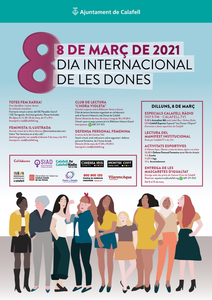 Cartell de les activitats del 8 de març, illustració amb dones de diferents edats