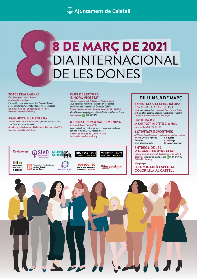 Cartell de les activitats del 8 de març, illustració amb dones de diferents edats