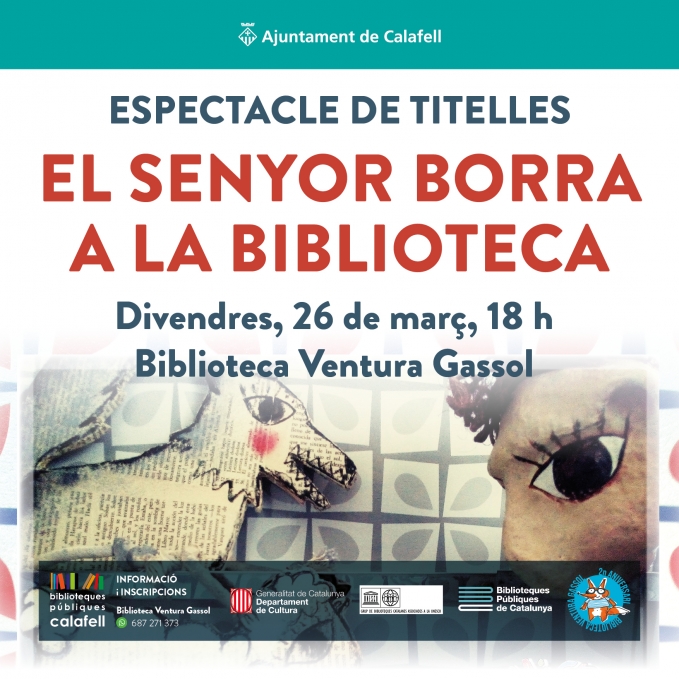 Cartell de l'espectacle de titelles "EL SENYOR BORRA A LA BIBLIOTECA"