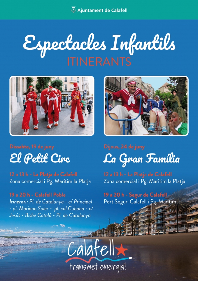 Cartell amb els espectacles infantils itinerants, de fons una foto del passeig marítim
