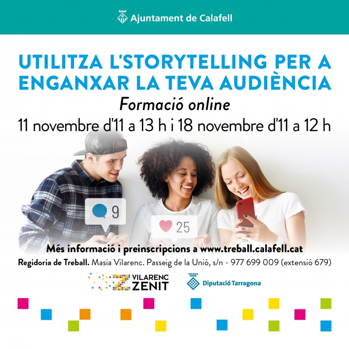 Cartell del curs amb foto de dues noies i un noi mirant un mòbil