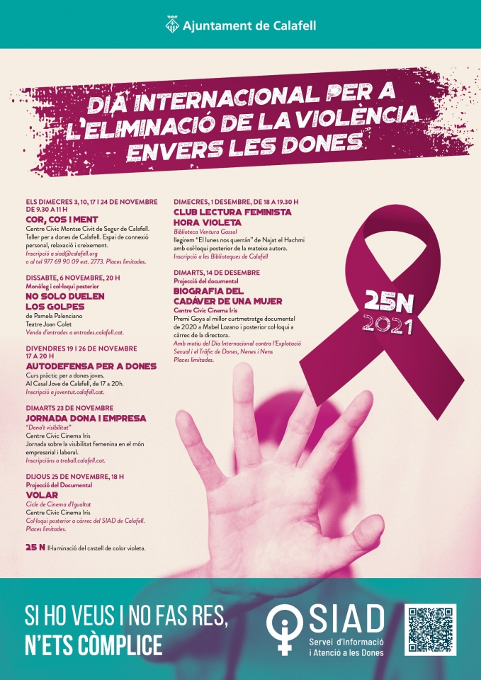 Dia Internacional per a l’Eliminació  de la Violència Envers les Dones, cartell amb llaç lila i una ma